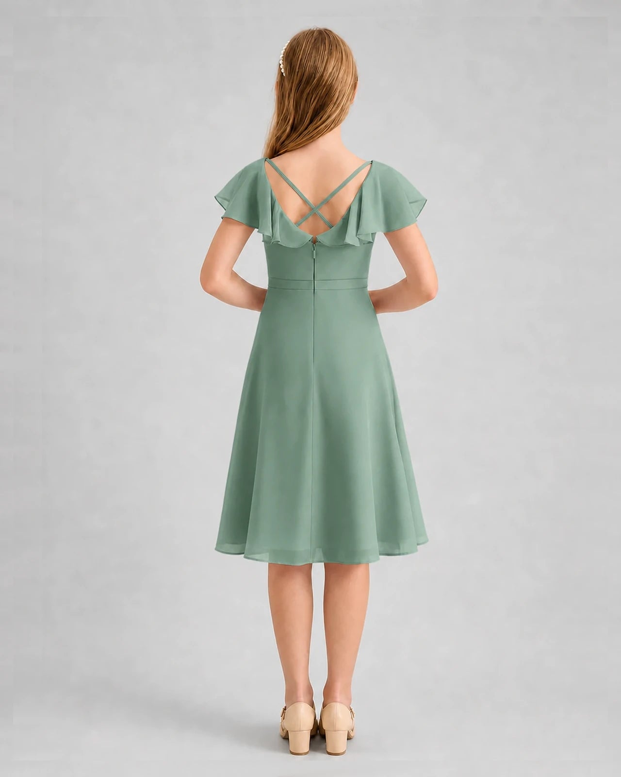 Eucalyptus Chiffon A-line Junior Bridesmaid Dress Back View