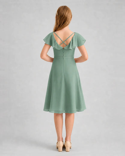 Eucalyptus Chiffon A-line Junior Bridesmaid Dress Back View