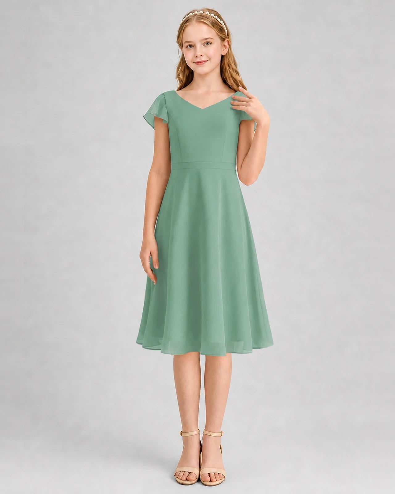 Eucalyptus Chiffon V-Neck A-Line Junior Bridesmaid Dresses Front View