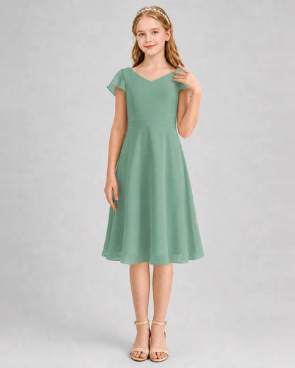 Eucalyptus Chiffon V-Neck A-Line Junior Bridesmaid Dresses Front View
