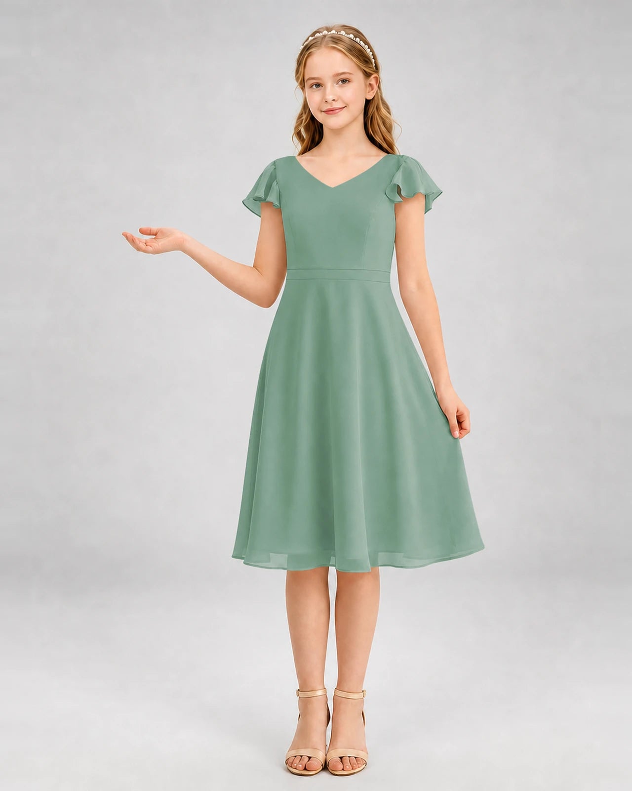 Eucalyptus Chiffon V-Neck A-Line Junior Bridesmaid Dresses