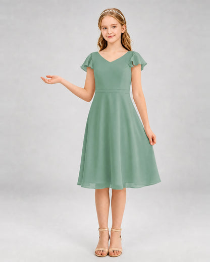 Eucalyptus Chiffon V-Neck A-Line Junior Bridesmaid Dresses