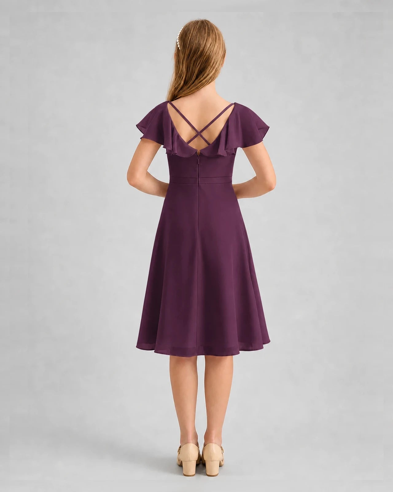 Grape Chiffon A-Line Junior Bridesmaid Dresses Back View