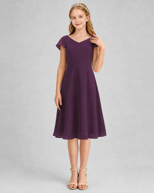 Grape Chiffon V-Neck Junior Bridesmaid Dresses Front View