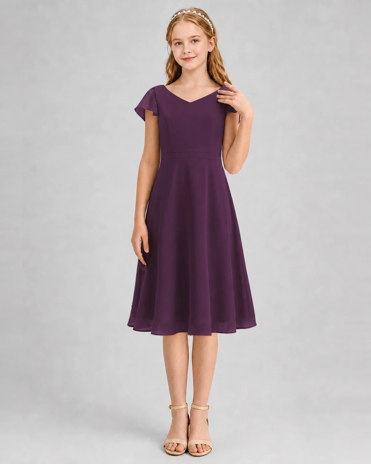 Grape Chiffon V-Neck Junior Bridesmaid Dresses Front View