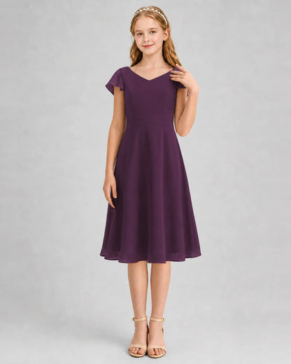 Grape Chiffon V-Neck Junior Bridesmaid Dresses Front View