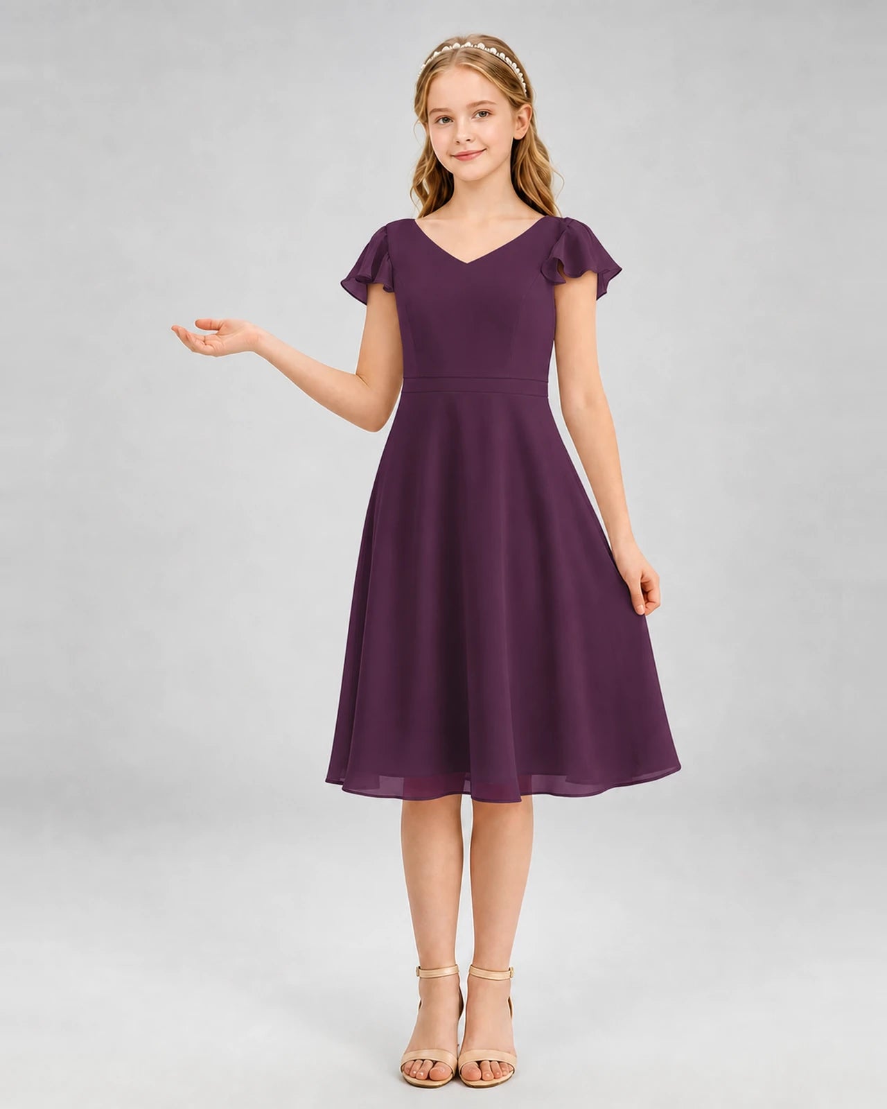Grape Chiffon V-Neck Junior Bridesmaid Dresses