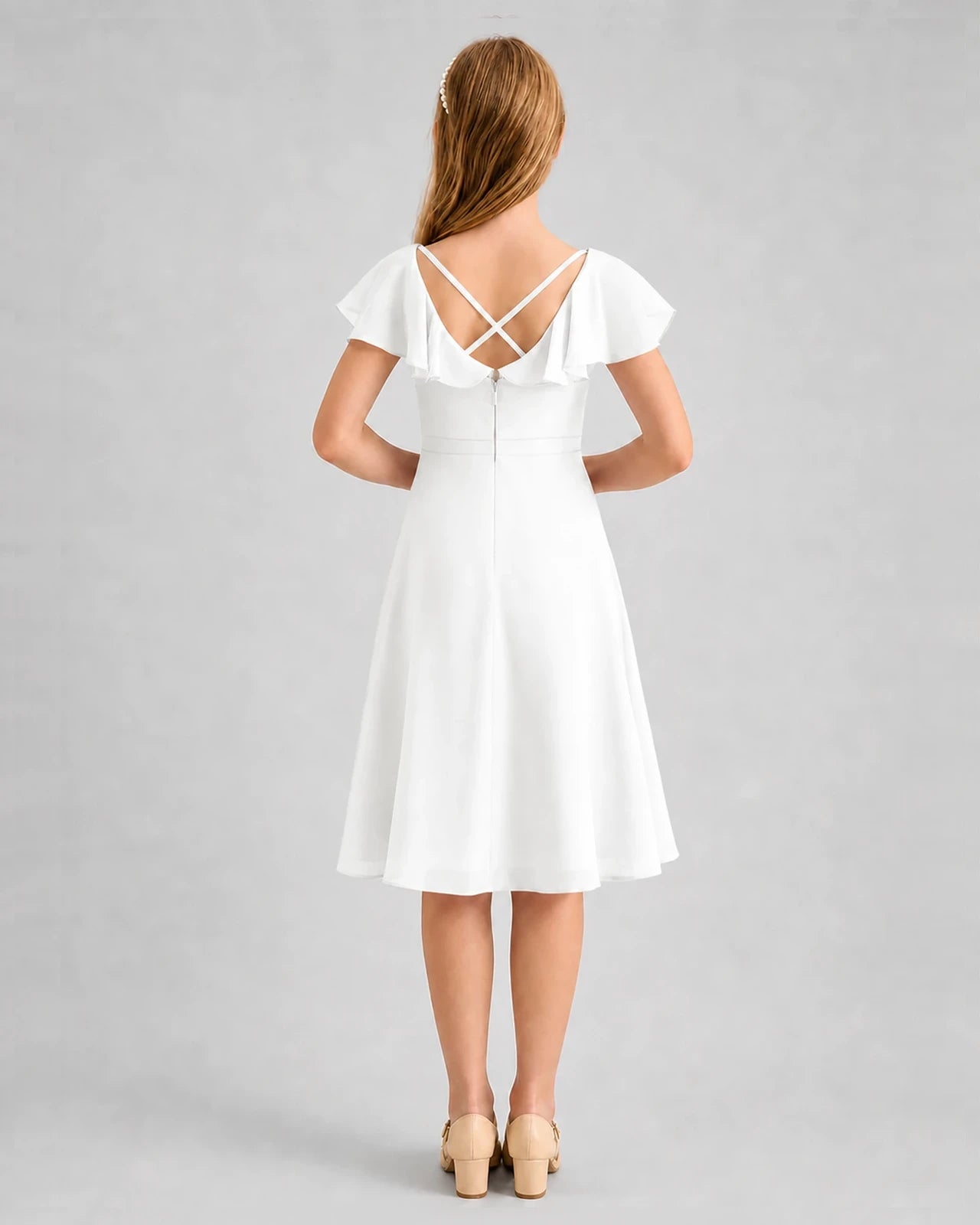 Ivory Chiffon A-line Junior Bridesmaid Dress Back View