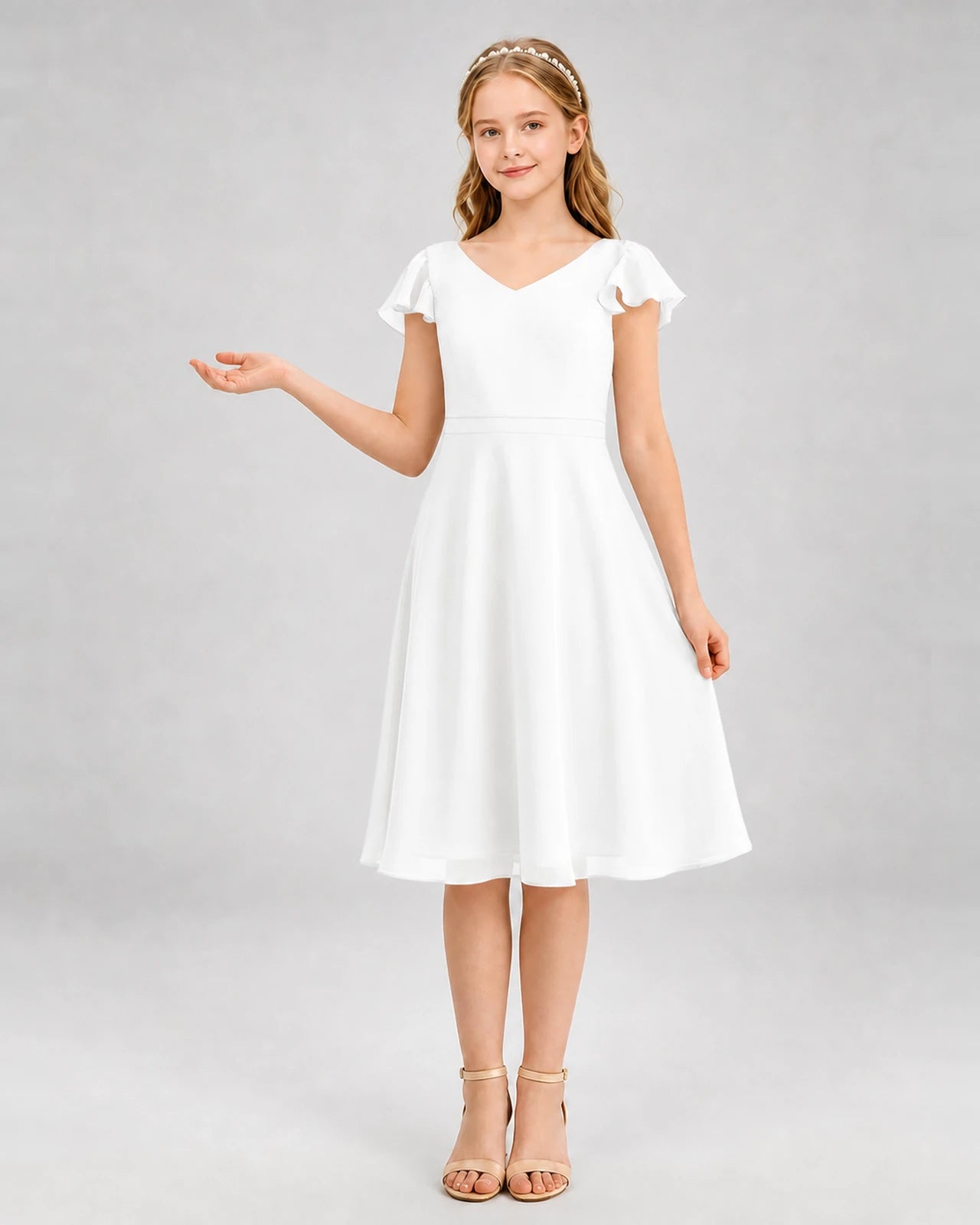 Ivory chiffon v-neck flutter sleeve junior bridesmaid dress