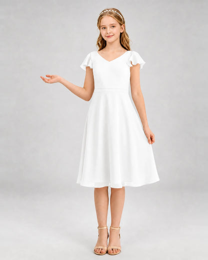 Ivory chiffon v-neck flutter sleeve junior bridesmaid dress