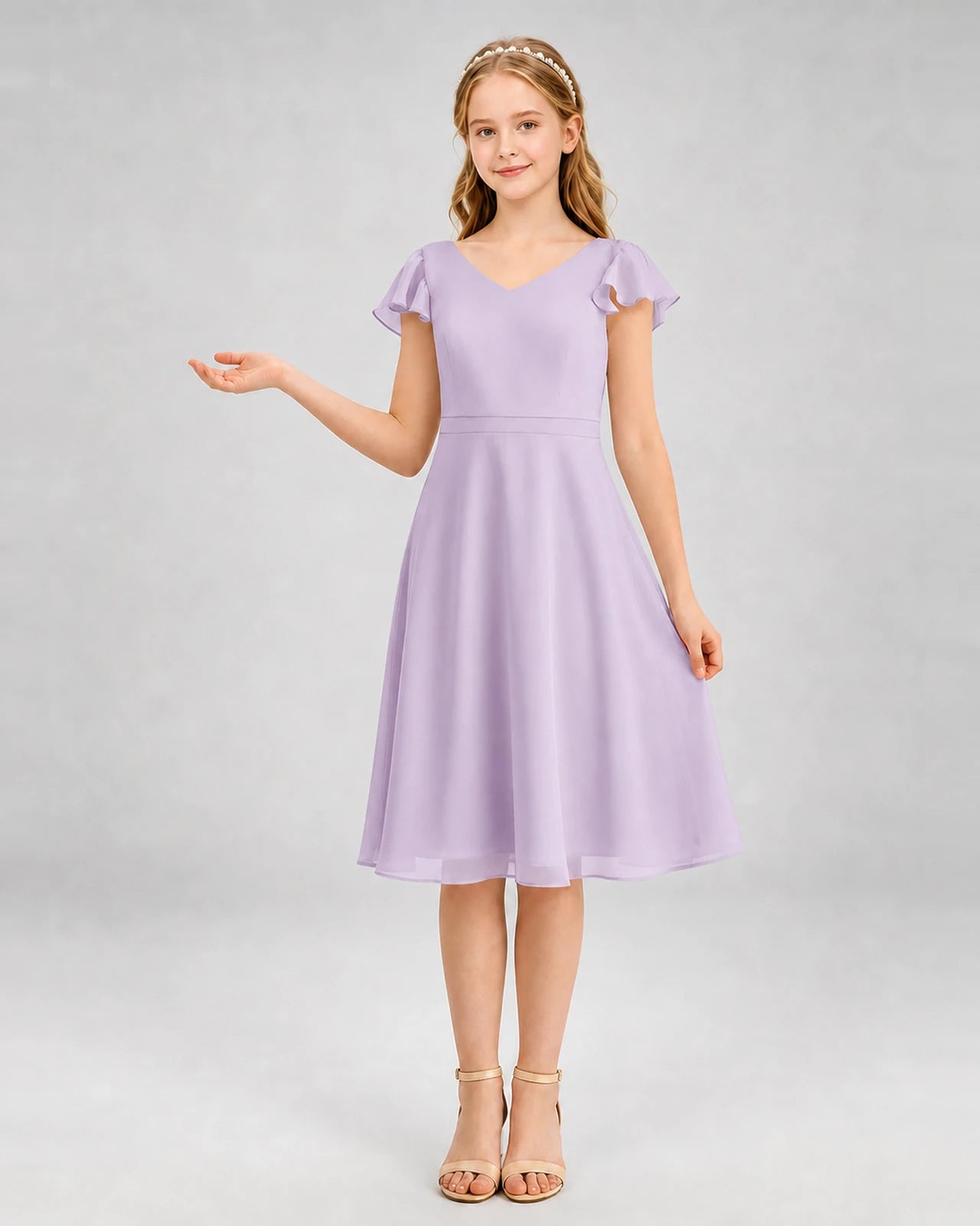 Lavender Chiffon V-Neck A-Line Junior Bridesmaid Dresses