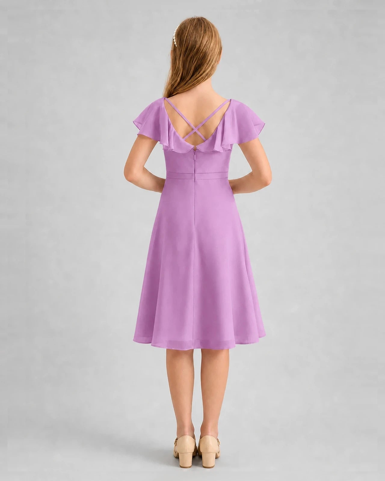 Lilac Chiffon Ruffle Sleeve Junior Bridesmaid Dresses Back View
