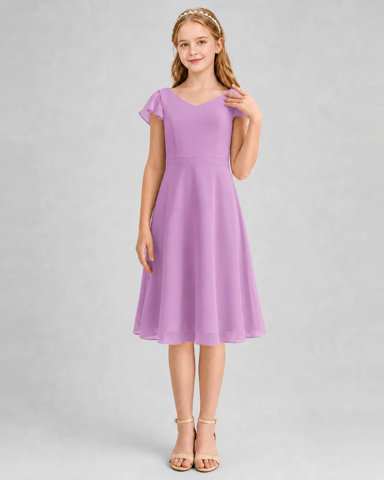 Lilac Chiffon V-Neck Junior Bridesmaid Dresses Front View