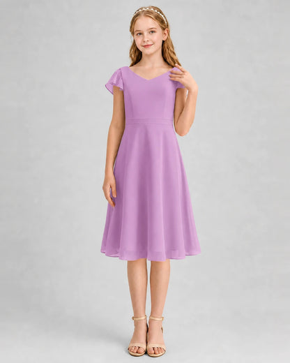 Lilac Chiffon V-Neck Junior Bridesmaid Dresses Front View