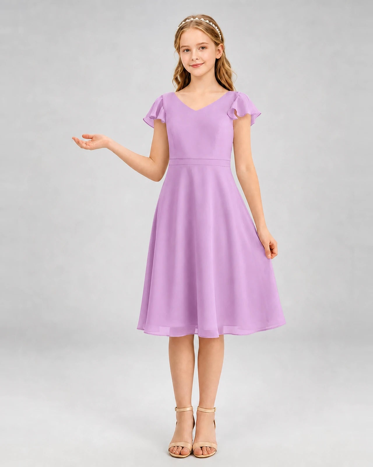 Lilac Chiffon Flutter Sleeve Junior Bridesmaid Dresses