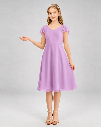 Lilac Chiffon Flutter Sleeve Junior Bridesmaid Dresses