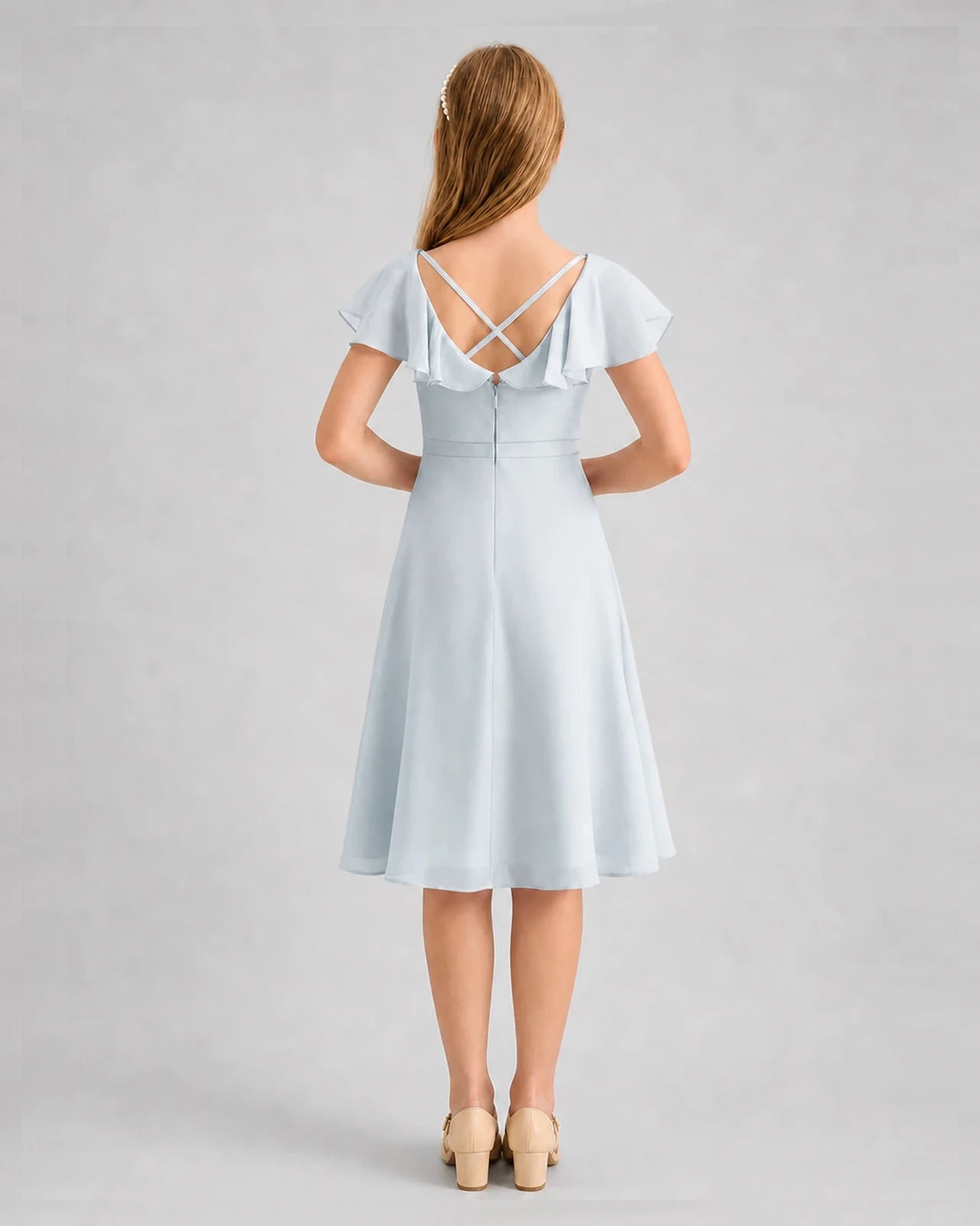 Mist Chiffon Flutter Sleeve Junior Bridesmaid Dresses Back View