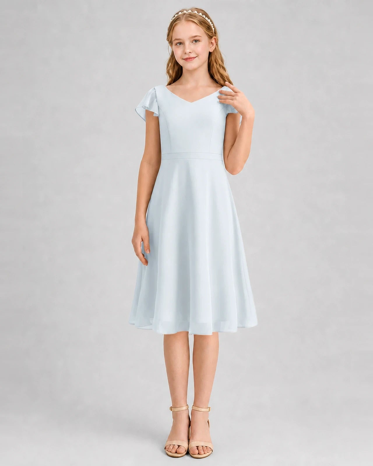 Mist Chiffon V-Neck A-Line Junior Bridesmaid Dresses Front View