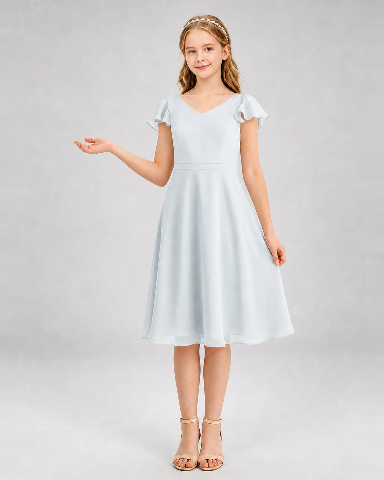 Mist Chiffon V-Neck A-Line Junior Bridesmaid Dress