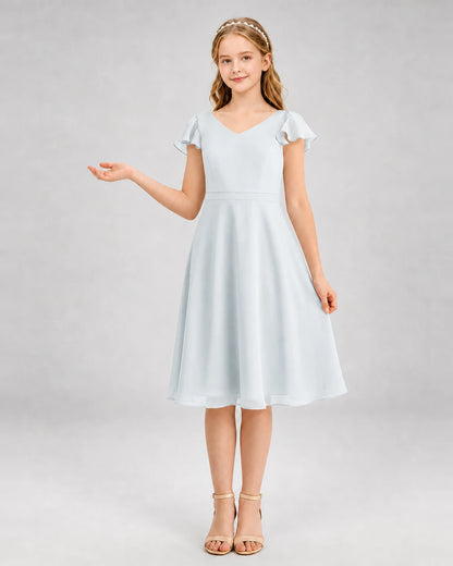 Mist Chiffon V-Neck A-Line Junior Bridesmaid Dress