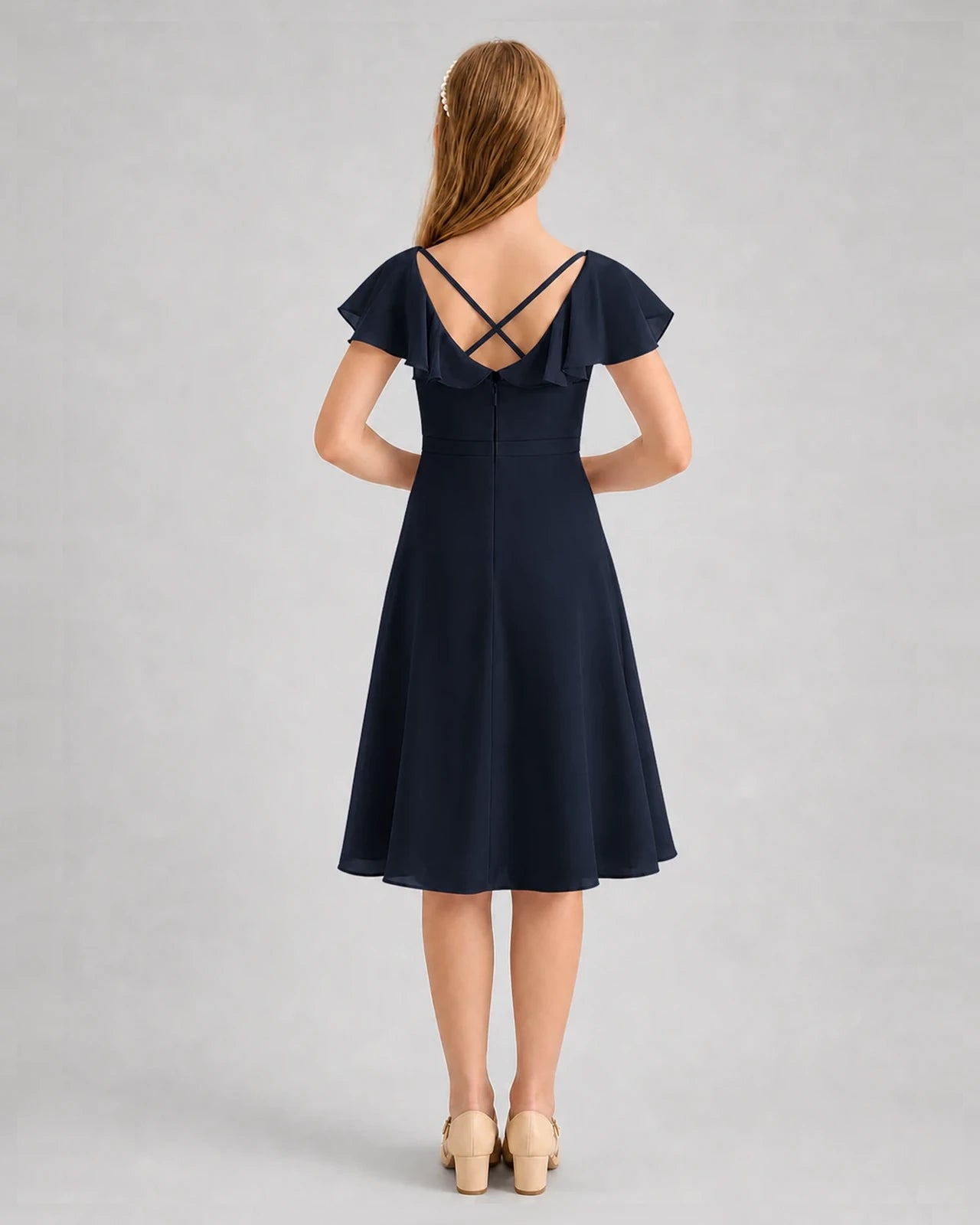 Navy Blue Chiffon Ruffle Sleeve A-Line Junior Bridesmaid Dresses Back View