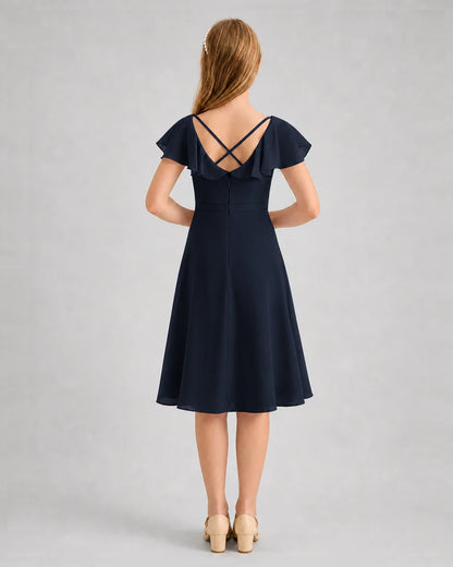 Navy Blue Chiffon Ruffle Sleeve A-Line Junior Bridesmaid Dresses Back View
