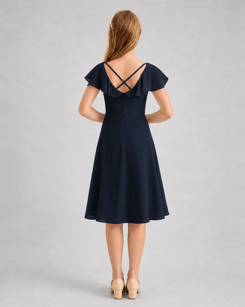 Navy Blue Chiffon Ruffle Sleeve A-Line Junior Bridesmaid Dresses Back View