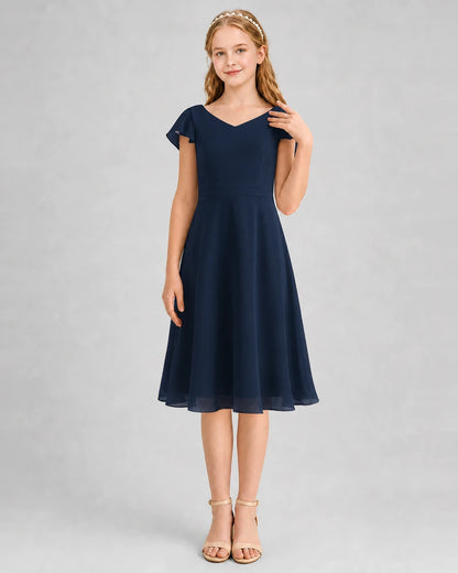Navy Blue Chiffon V-Neck Junior Bridesmaid Dresses Front View