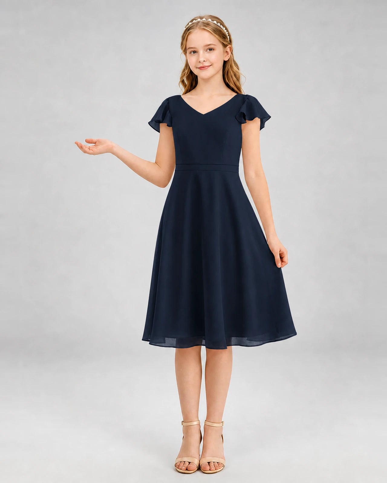 Navy Blue Chiffon V-Neck A-Line Junior Bridesmaid Dresses