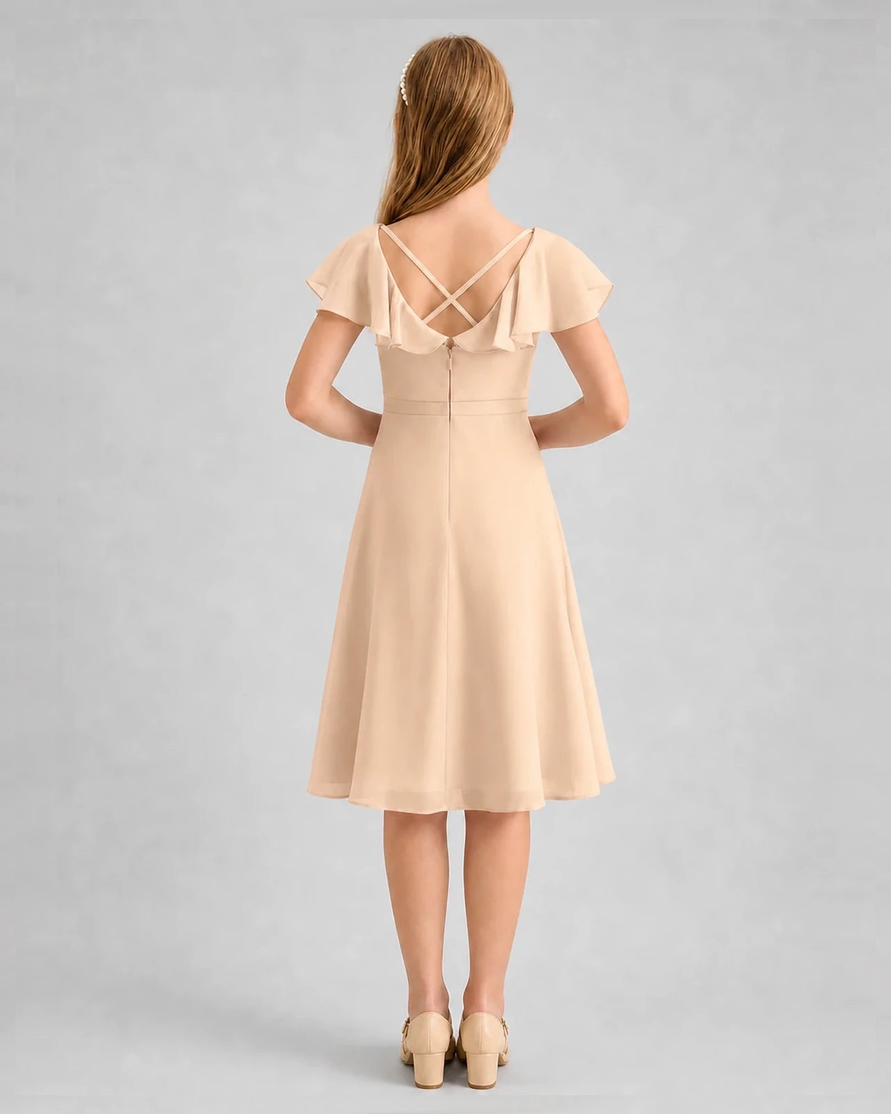 Peach Chiffon A-line Junior Bridesmaid Dresses Back View