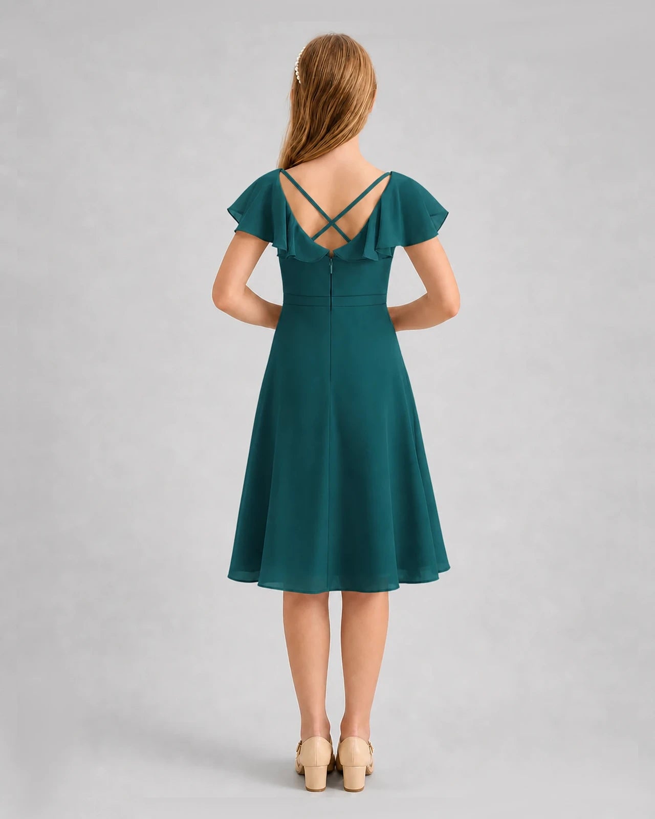 Peacock Chiffon A-line Junior Bridesmaid Dress Back View