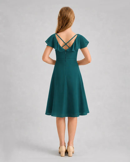 Peacock Chiffon A-line Junior Bridesmaid Dress Back View