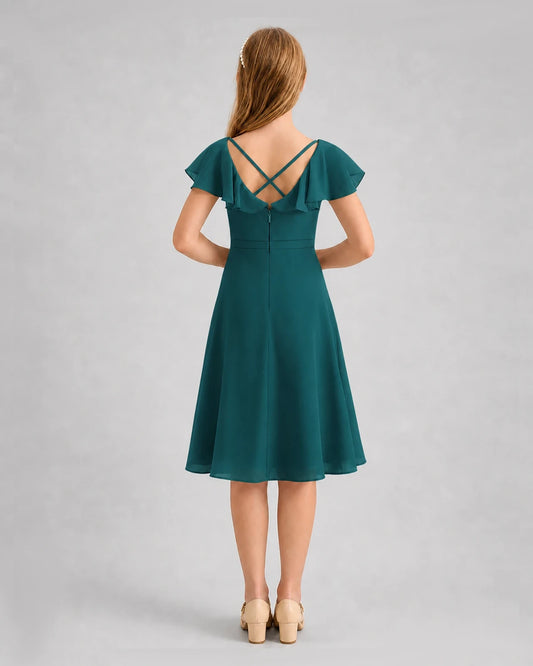 Peacock Chiffon A-line Junior Bridesmaid Dress Back View