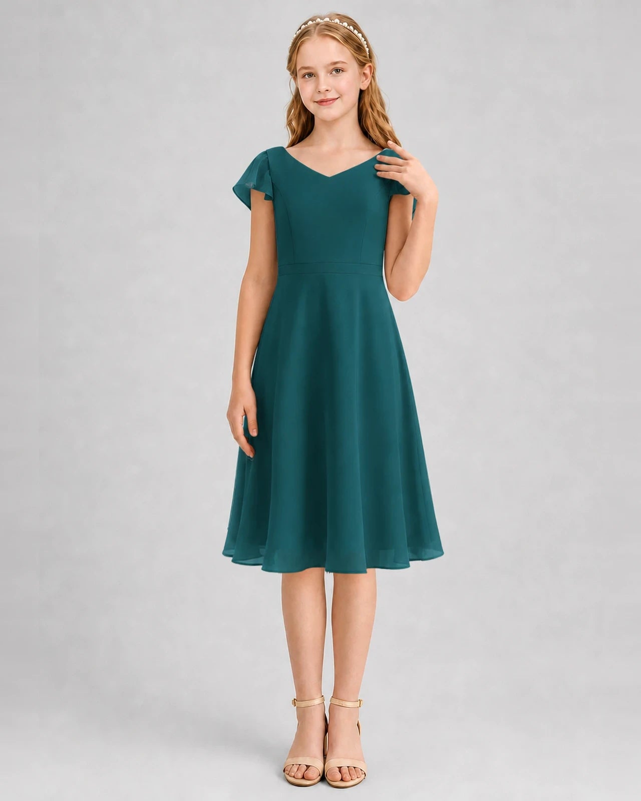 Peacock Chiffon V-Neck Junior Bridesmaid Dresses Front View