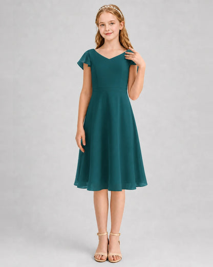 Peacock Chiffon V-Neck Junior Bridesmaid Dresses Front View