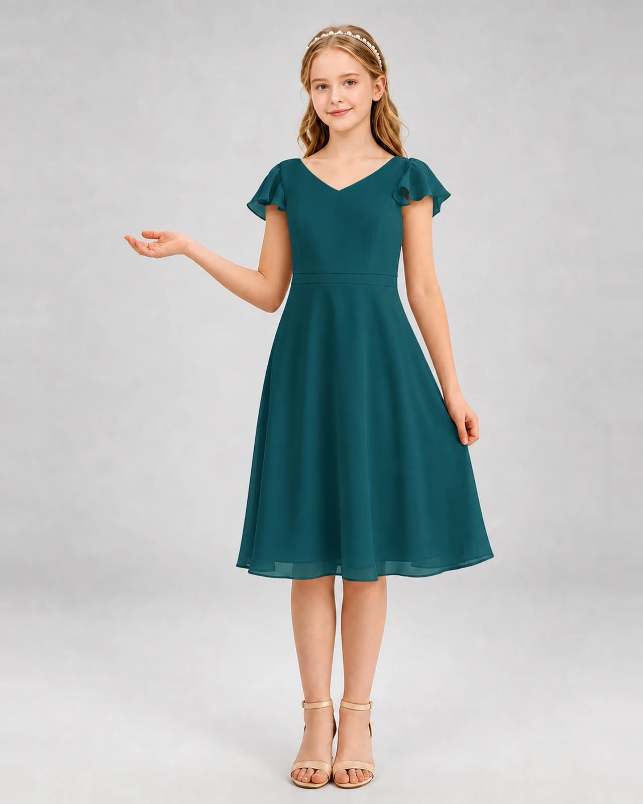 Peacock chiffon A-line junior bridesmaid dress