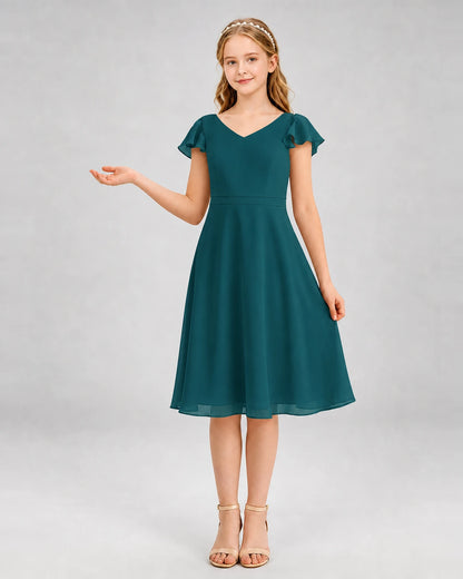 Peacock chiffon A-line junior bridesmaid dress