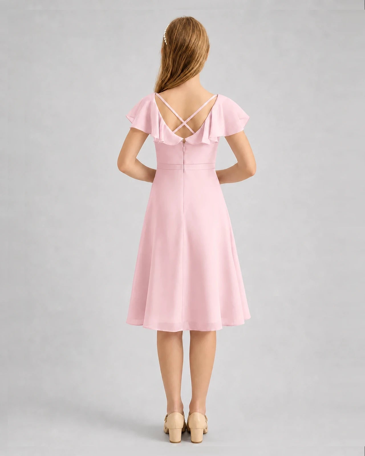 Pink Chiffon Ruffle Sleeve A-Line Junior Bridesmaid Dresses Back View