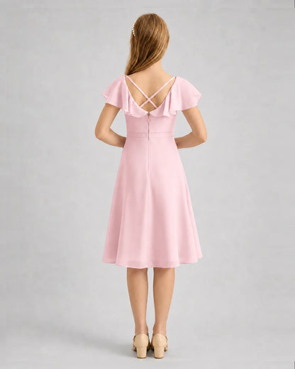 Pink Chiffon Ruffle Sleeve A-Line Junior Bridesmaid Dresses Back View