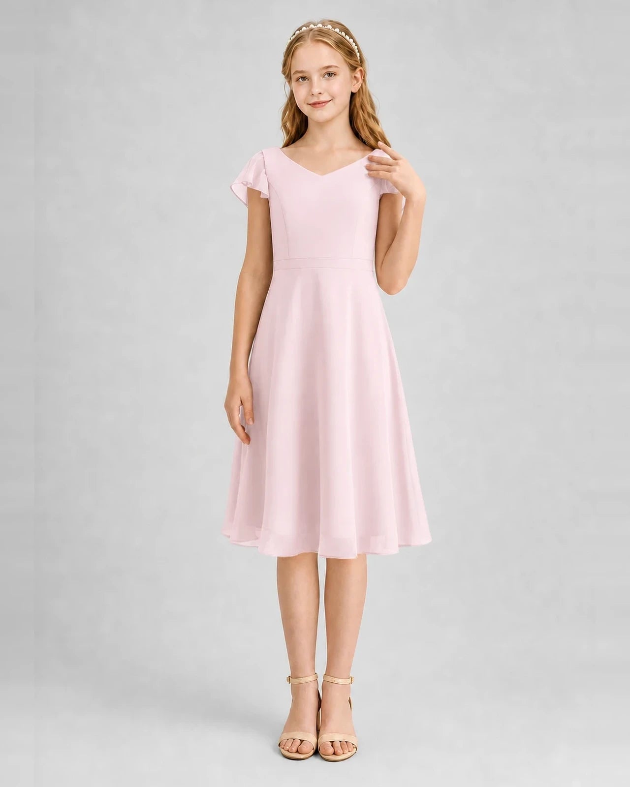 Pink chiffon A-line junior bridesmaid dress, front view
