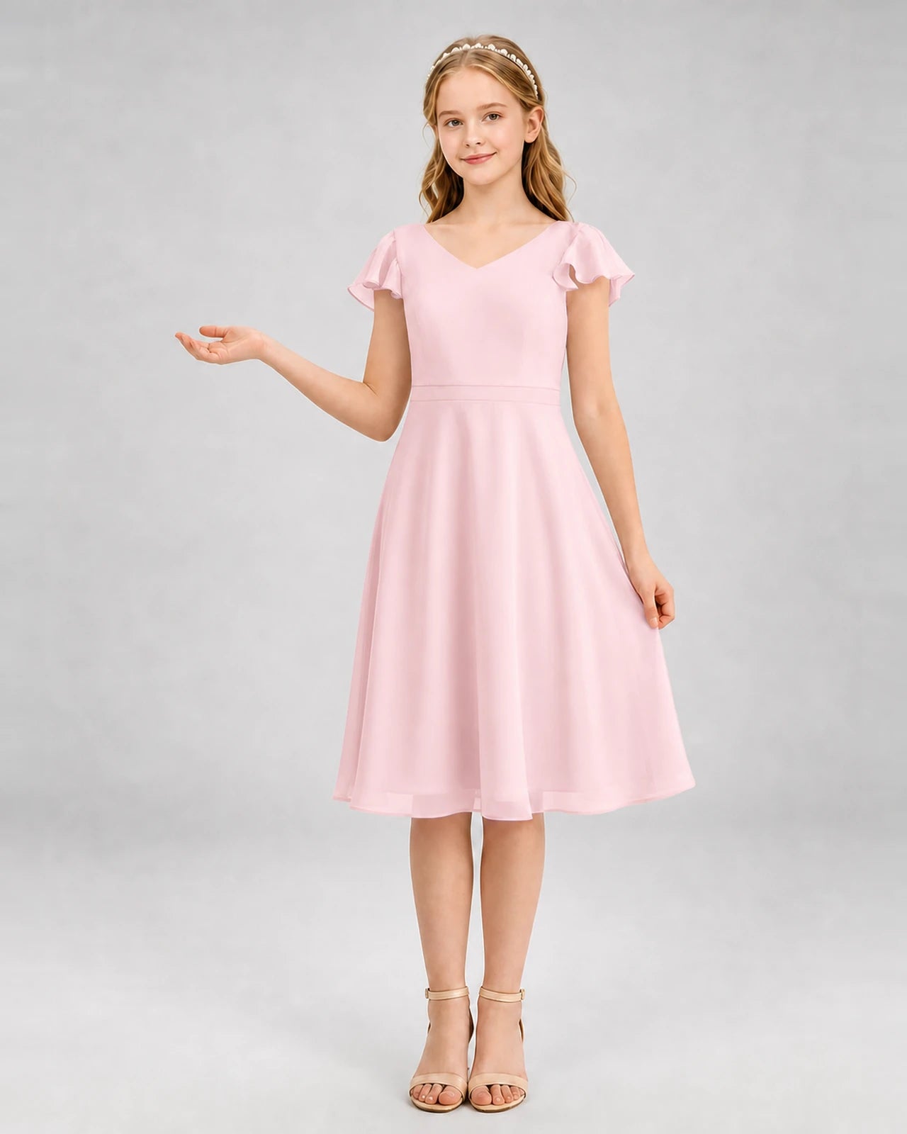 Pink chiffon v-neck a-line junior bridesmaid dress