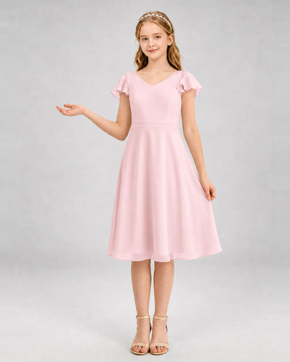 Pink chiffon v-neck a-line junior bridesmaid dress