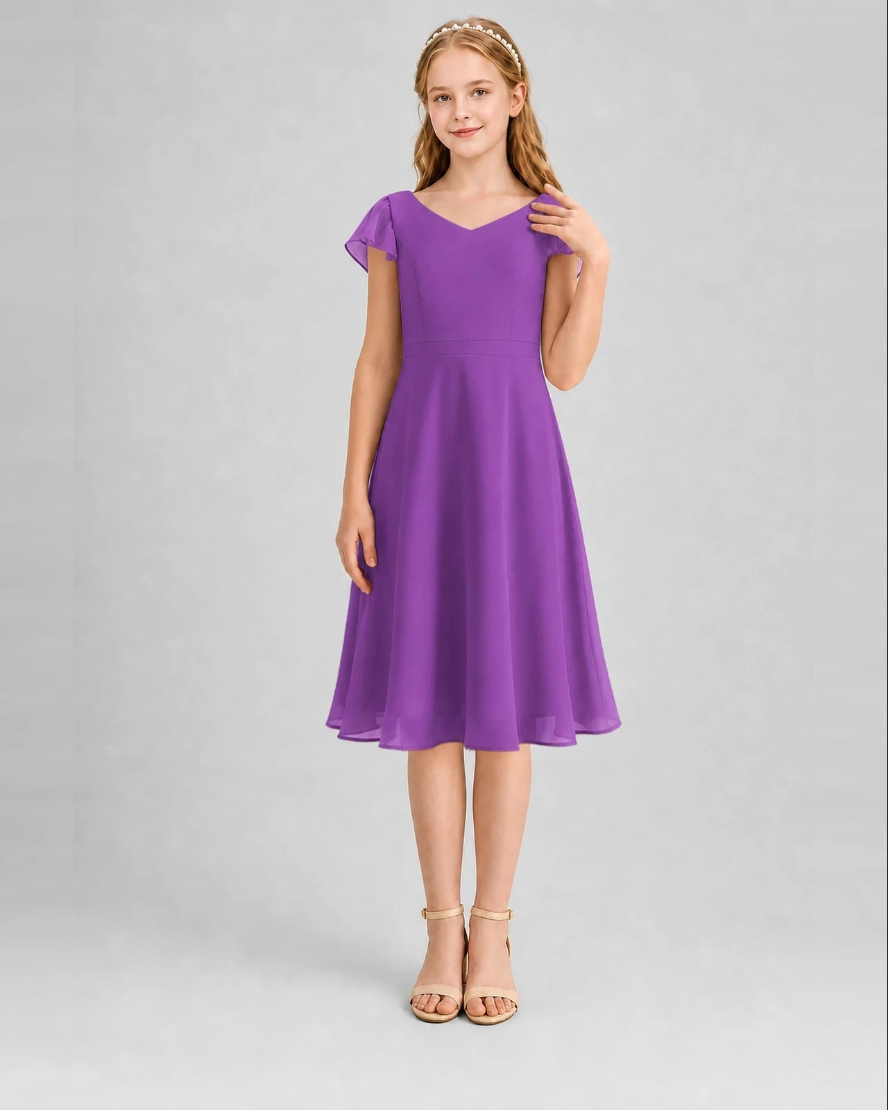 Purple Chiffon V-Neck A-Line Junior Bridesmaid Dresses Front View