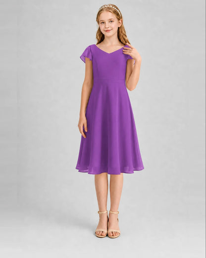 Purple Chiffon V-Neck A-Line Junior Bridesmaid Dresses Front View