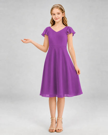 Purple Chiffon V-Neck A-Line Junior Bridesmaid Dresses