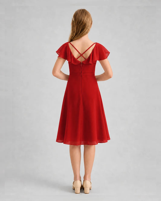 Red Chiffon Crisscross Back Junior Bridesmaid Dresses Back View