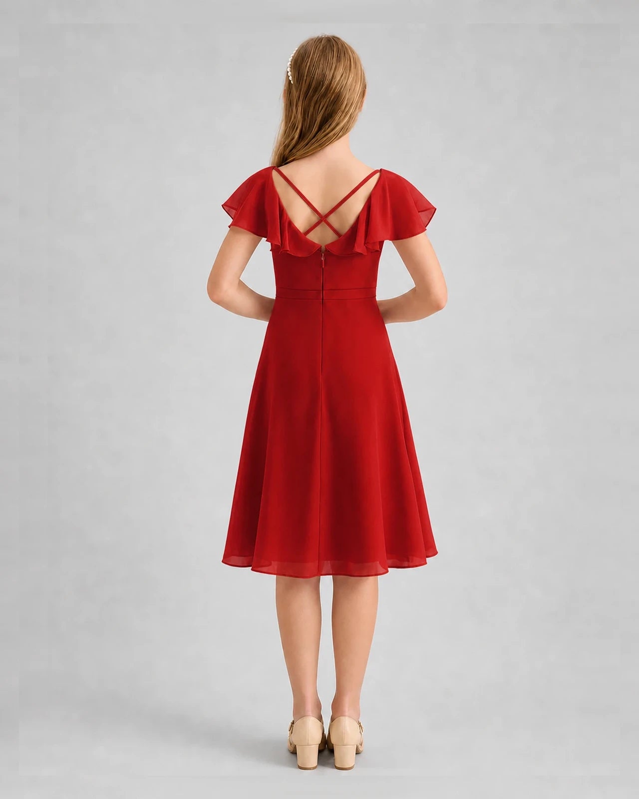 Red Chiffon Crisscross Back Junior Bridesmaid Dresses Back View