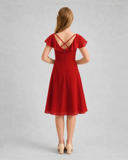 Red Chiffon Crisscross Back Junior Bridesmaid Dresses Back View