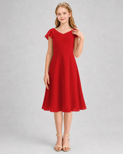 Red Chiffon V-neck A-line Junior Bridesmaid Dresses Front View