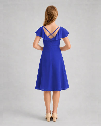 Royal Blue Chiffon Ruffle Sleeve A-Line Junior Bridesmaid Dresses Back View